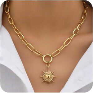 Women 18K Gold Plated Sun Pendant Chain with Paperclip Links and Sunflower Charm